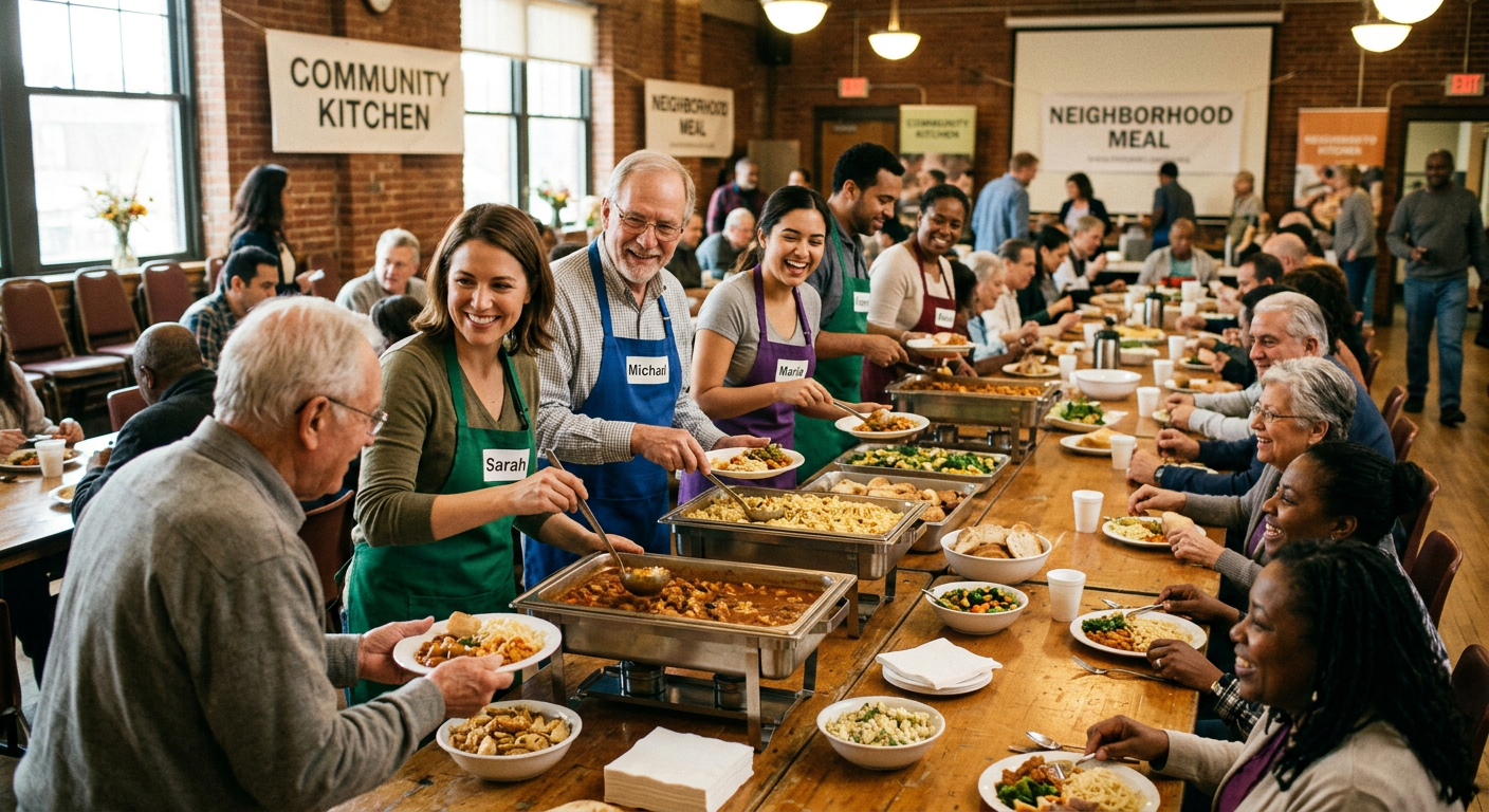 Volunteers serving food at a long table in a community hall