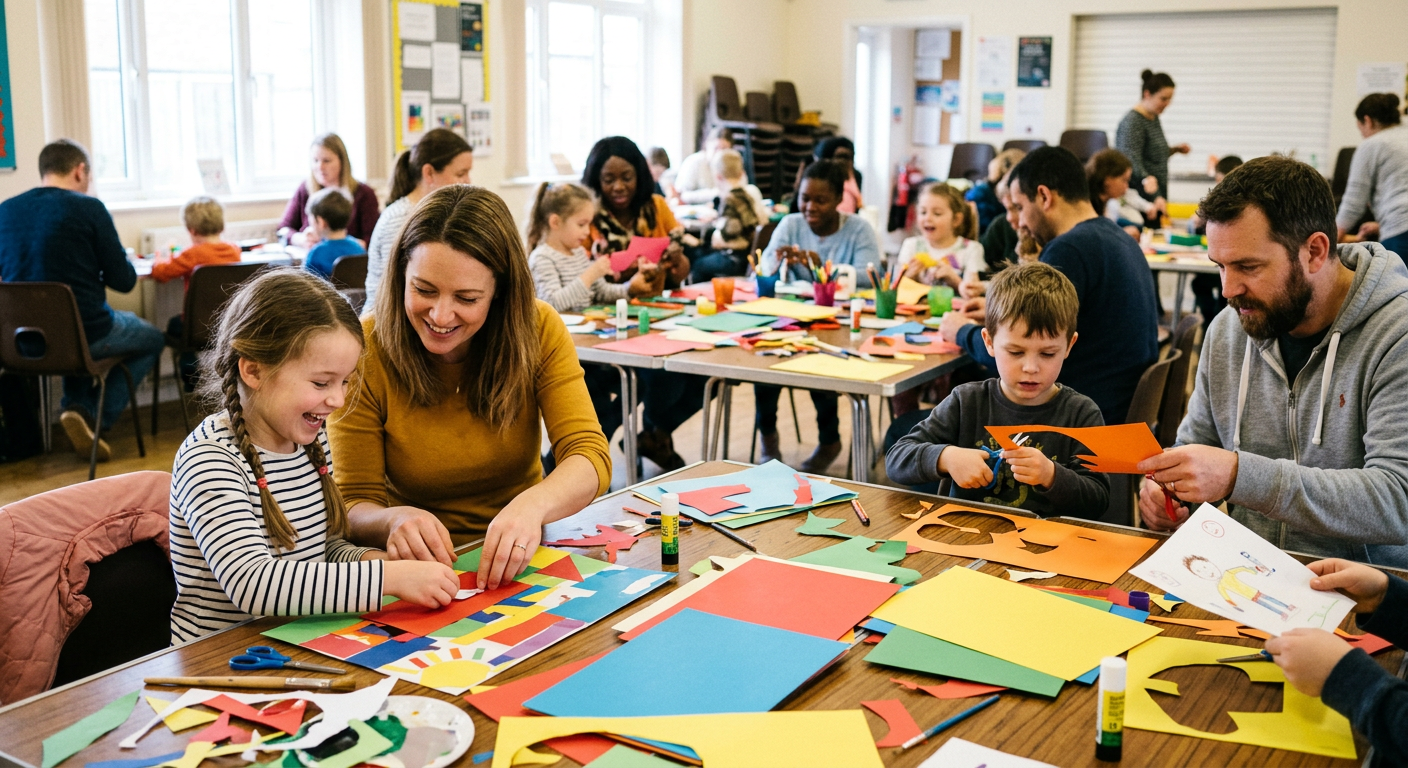 Children and parents working on crafts at a table