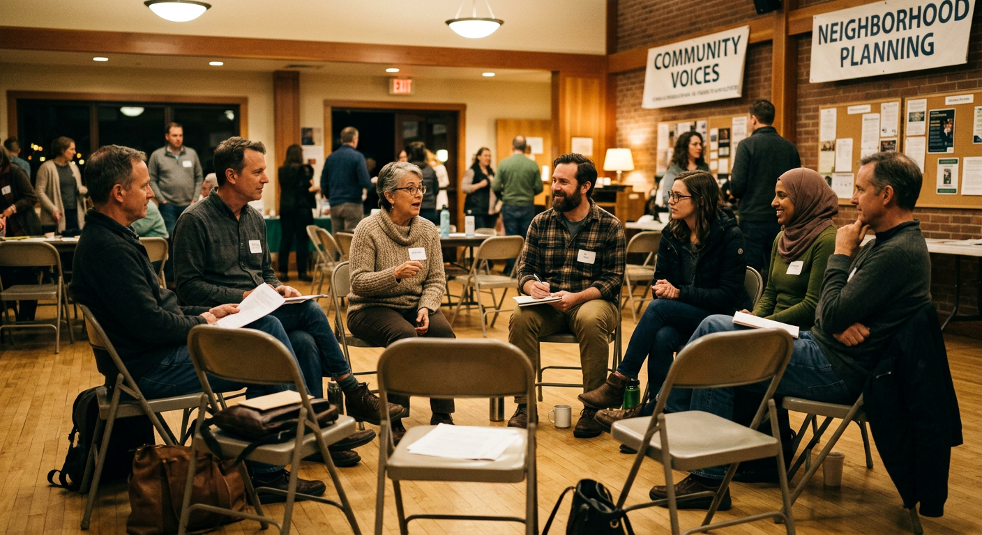Adults seated in a circle during a community discussion
