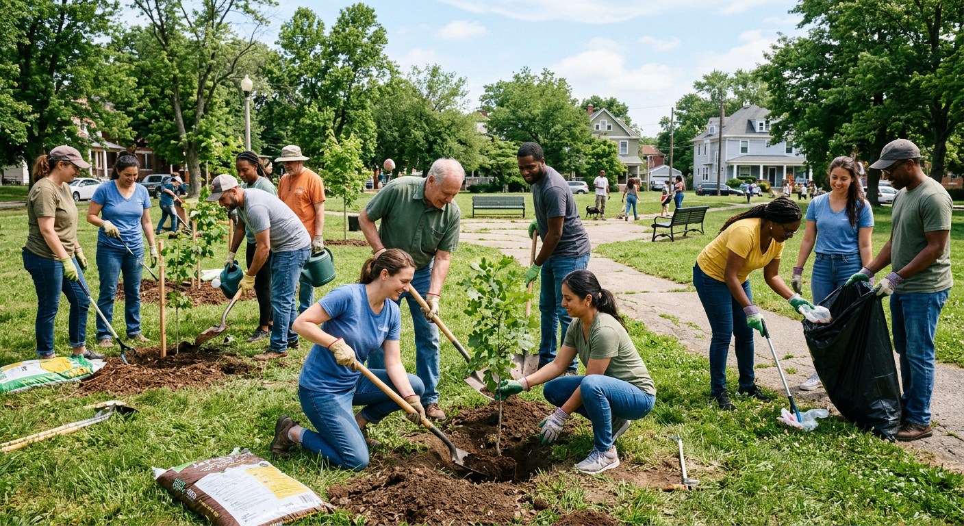 Volunteers planting trees in a neighborhood park