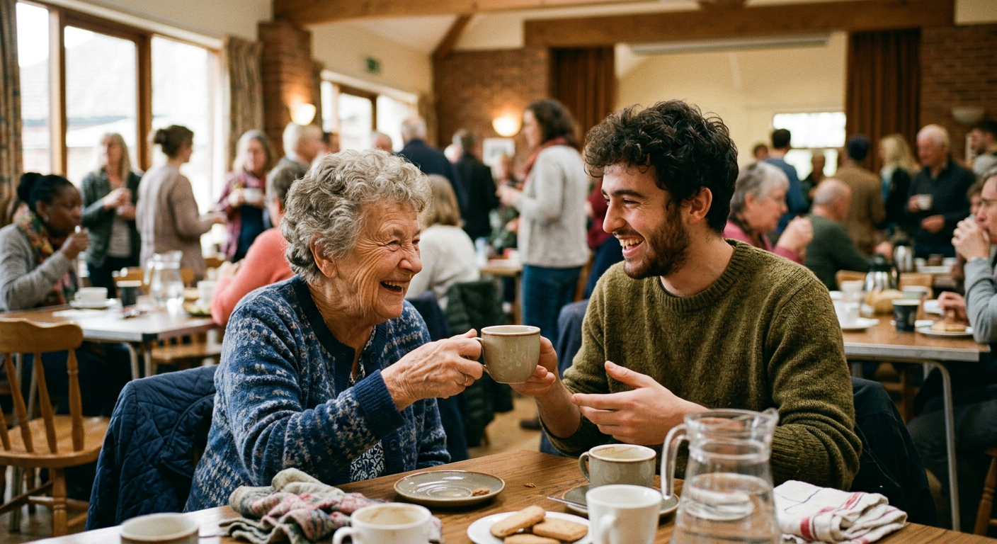 An elder and a young community member sharing coffee and laughing